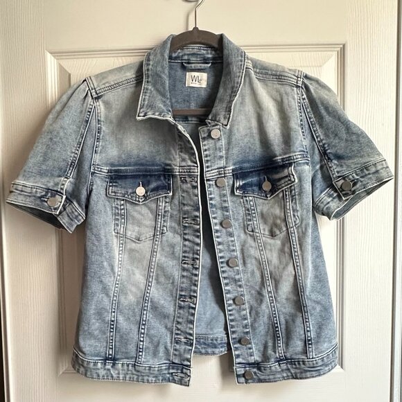 Wash Lab Women's Medium Denim Jean Jacket Short Puff Sleeve Light Wash Button Up - Picture 1 of 12